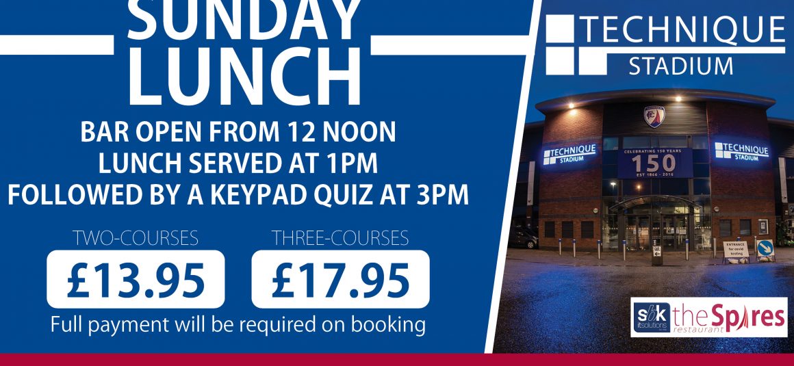 Enjoy Sunday lunch at the Technique Stadium next month! Enjoy Sunday lunch at the Technique Stadium next month!